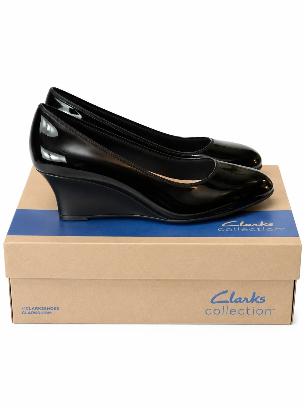 Clarks Collection Black Patent Leather Wedge Pumps Womens 7-11 NIB Comfort
